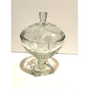 Vintage EAPG Clear Glass Covered Compote Square‎ Base Diamond